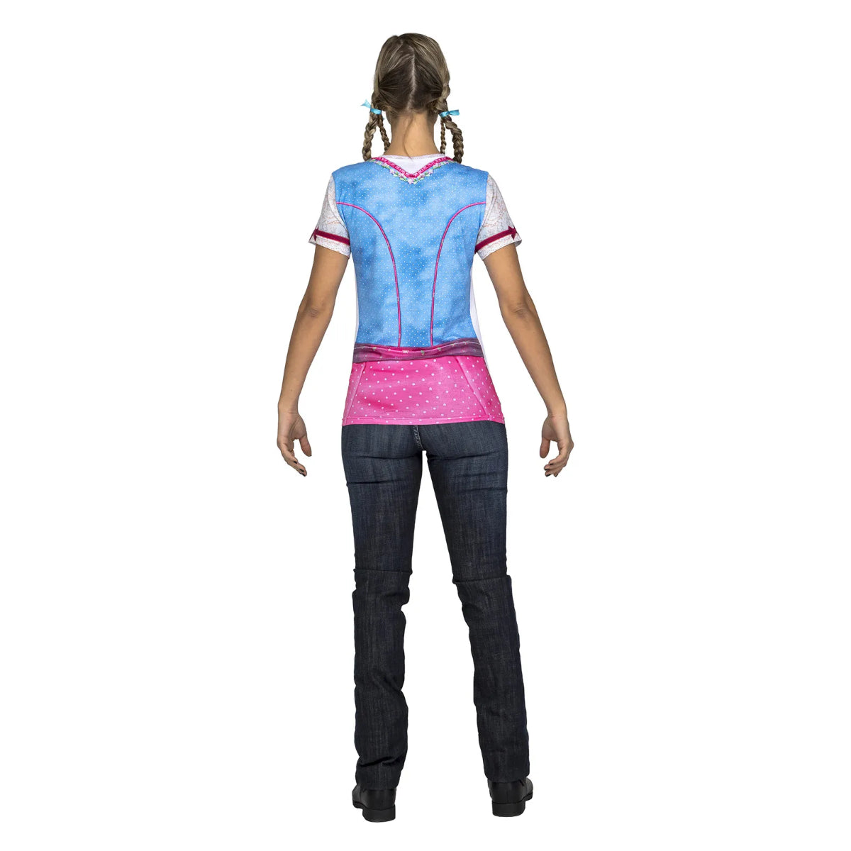 Baksidan av T-shirten som visar det fotorealistiska trycket av ett blått livstycke och rosa skärp.