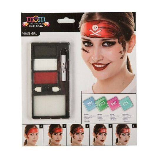 En förpackning med ett halloweensmink-set för vuxna pirater, som visar en kvinna med en komplett pirat-ansiktsmålning och en steg-för-steg-guide.