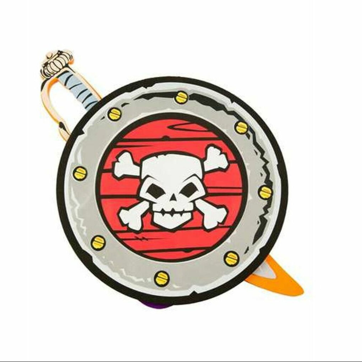 Färgglatt piratsvärd (52 cm) och rund sköld (33x33 cm) i foam-material för barn, med tecknat dödskallemotiv – rolig och säker accessoar för lek och maskerad.
