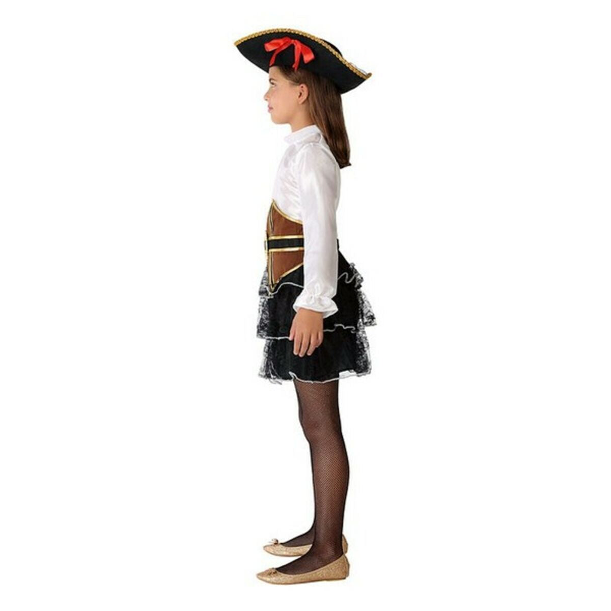 Ett barn bär en piratinspirerad maskeraddräkt med vit topp, svart kjol och brunt korsettliknande bälte, fotad från sidan – perfekt för maskerad och piratkalas.