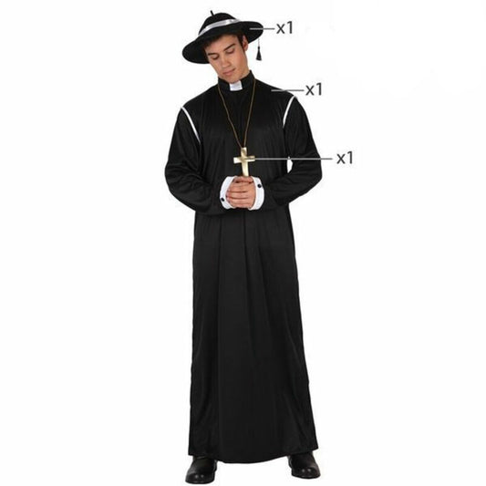 Prästdräkt med lång svart rock, kors och hatt.