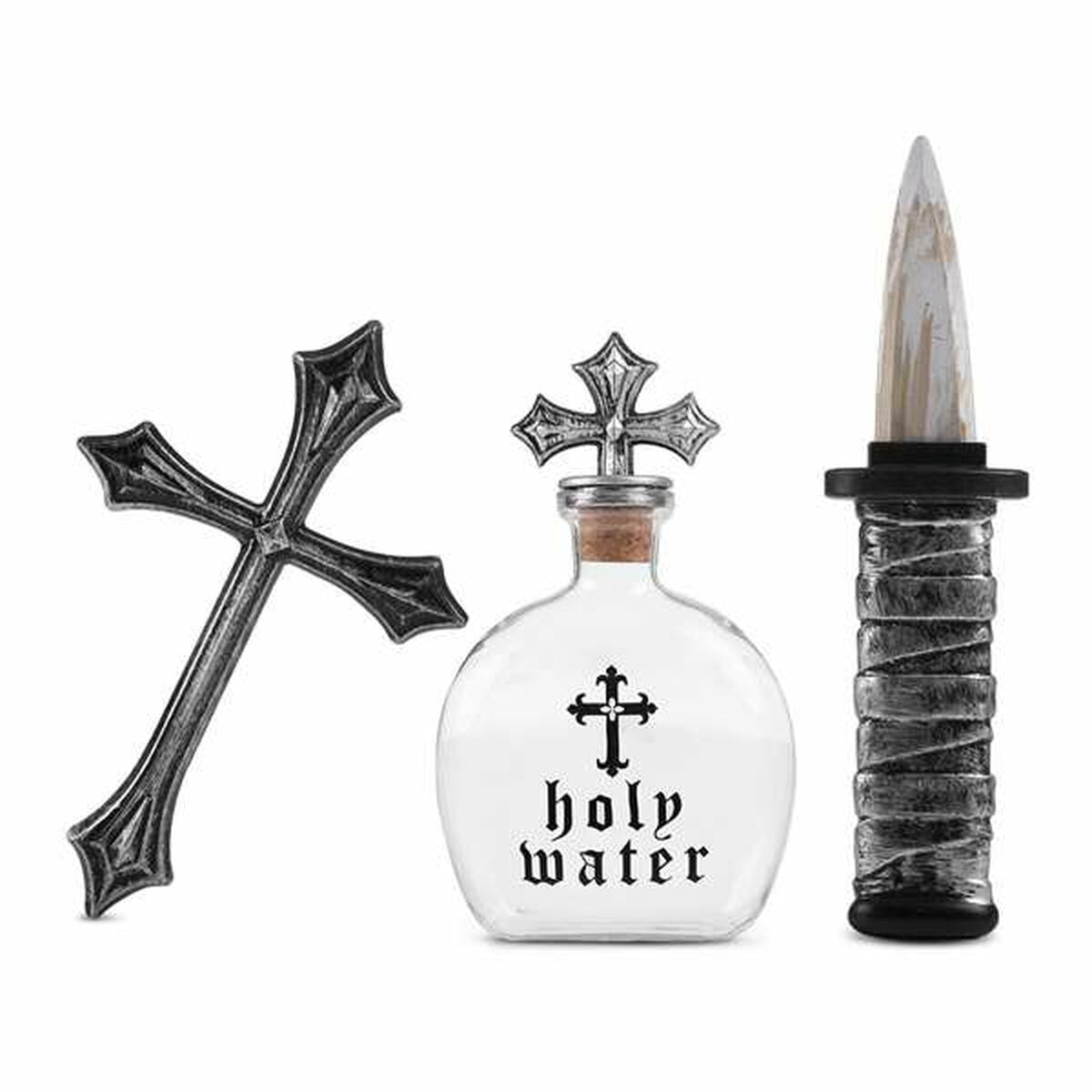 Ett professionellt vampyrjägare-kit som innehåller ett gotiskt silverkors, en glasflaska märkt "Holy Water" och en leksaks-träpåle.