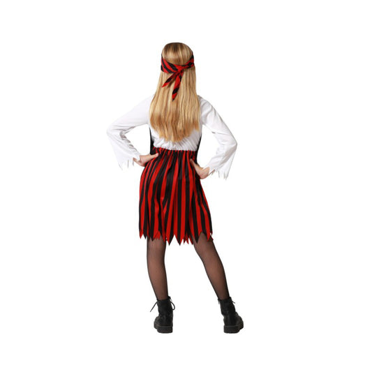 Baksidan av en randig piratklänning för barn med röd-svart kjol, vit skjorta och matchande bandana.