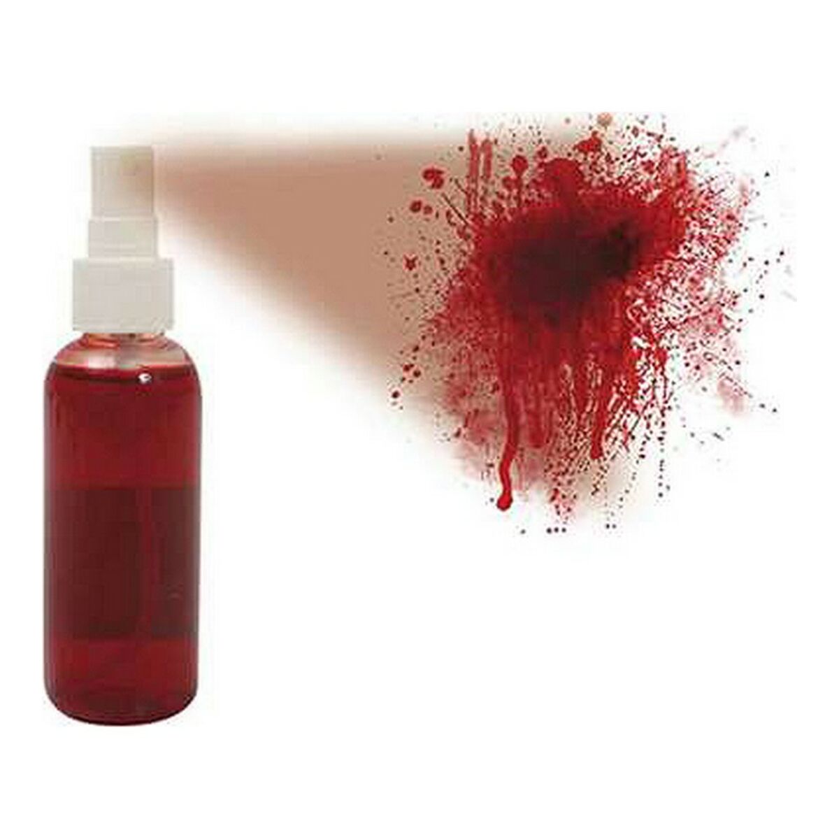 En sprayflaska med fejkblod bredvid en bild som visar en realistisk och ojämn blodstänks-effekt mot en vit bakgrund.