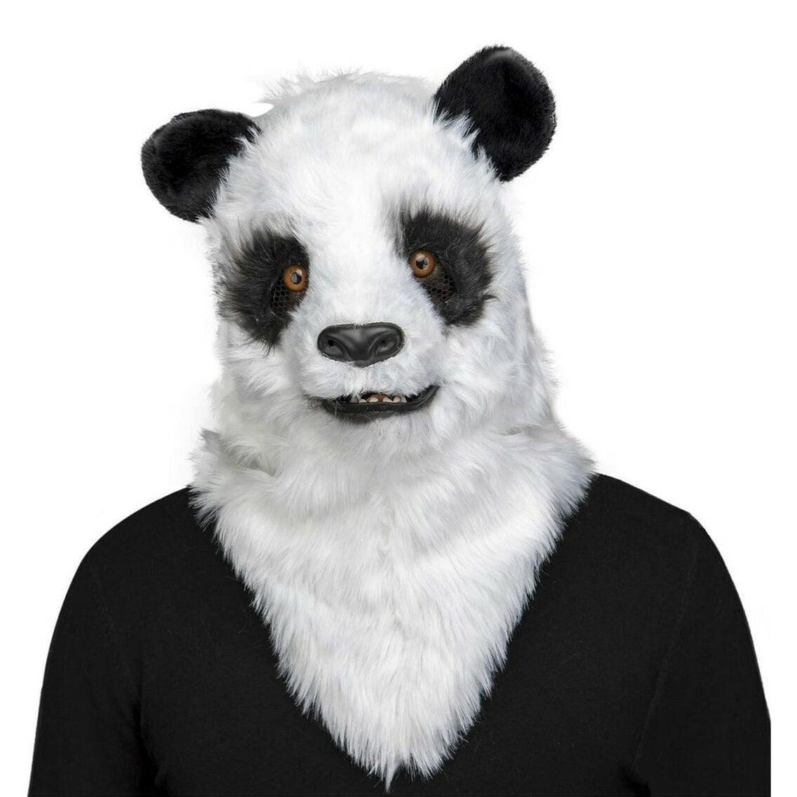 En person bär en Realistisk Pandamask i svart och vitt fuskpäls, med en rörlig käke.