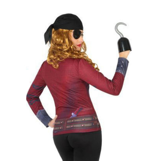 En kvinna sedd bakifrån, som visar baksidan av den pirat-tryckta tröjan med en instucken dolk i bältet.