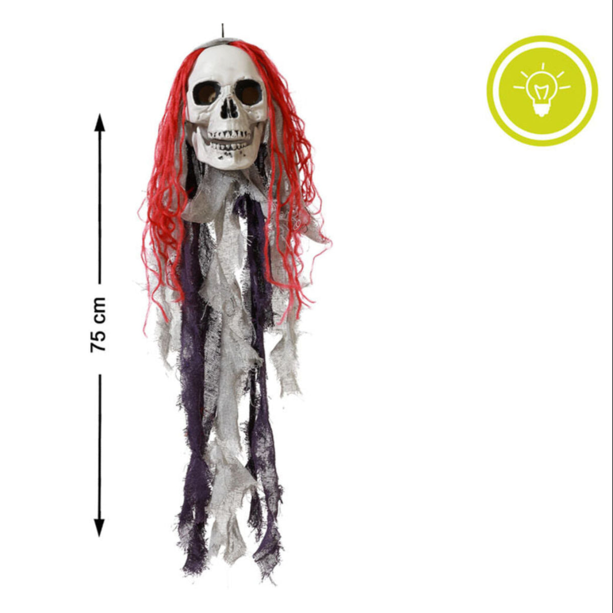 En rockig, hängande dödskalle med vilt rött hår och trasor, som visar dess mått på 75 cm och en ikon för dess ljusfunktion.