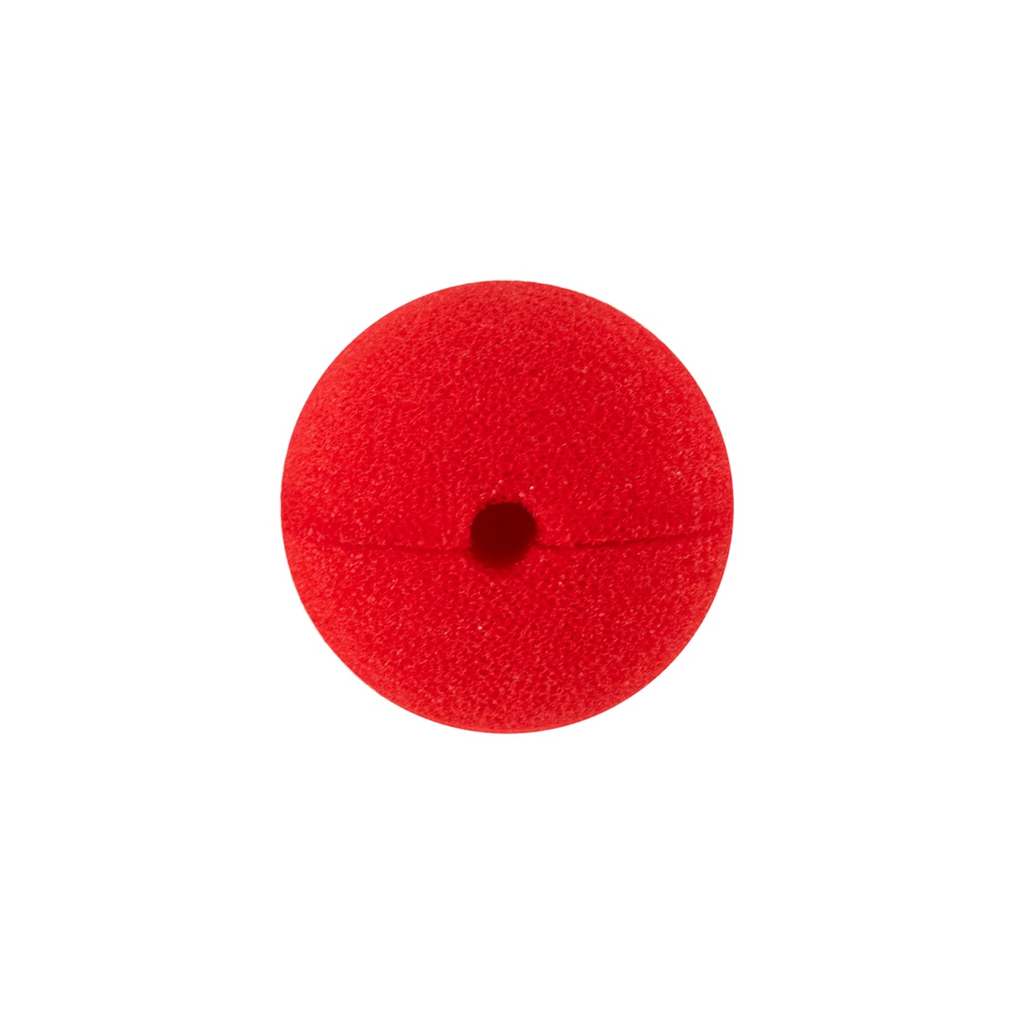 En röd clownnäsa i skumgummi visas framifrån med tydlig öppning i mitten mot vit bakgrund.