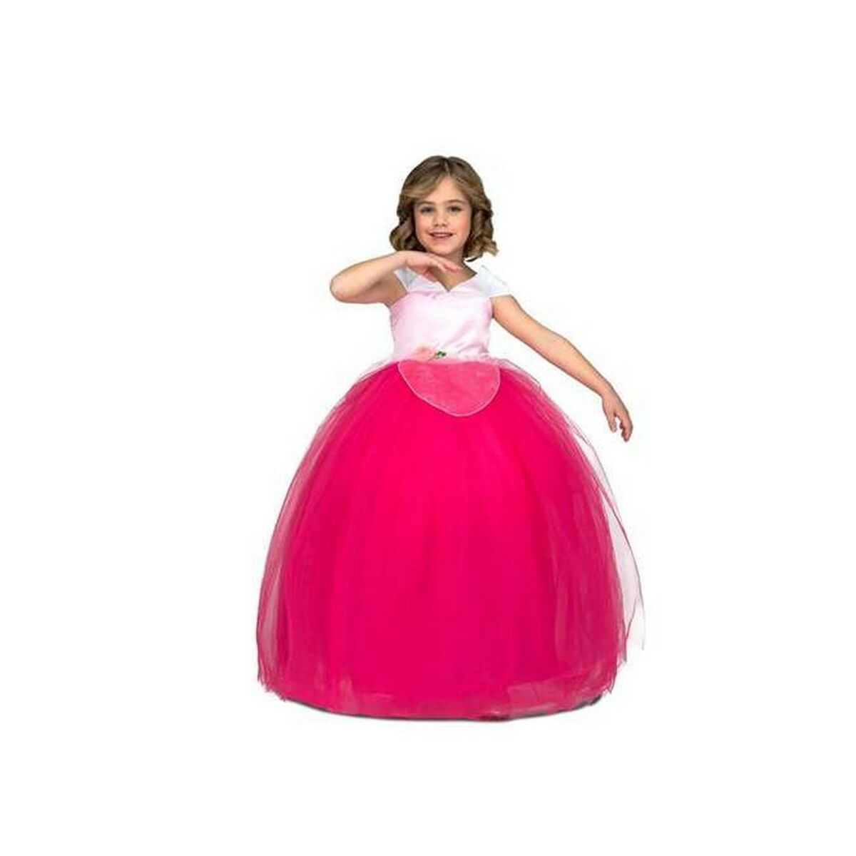 En flicka poserar i en rosa prinsessklänning med en ljusrosa satinöverdel och en stor, fluffig tyllkjol i cerise.