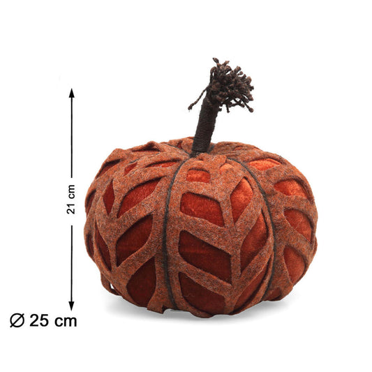 En Rustik Orange Sammetspumpa med ett dekorativt filtmönster och mått som visar 21 cm på höjden och 25 cm i diameter.