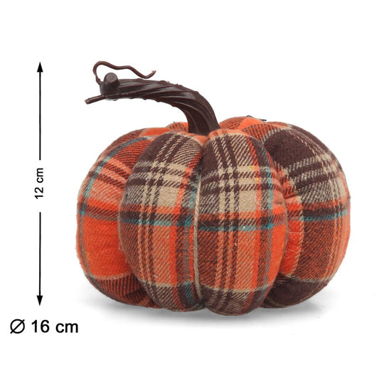 En rustik, rutig tygpumpa med dess mått, 12 cm hög och 16 cm i diameter, tydligt utmärkta.