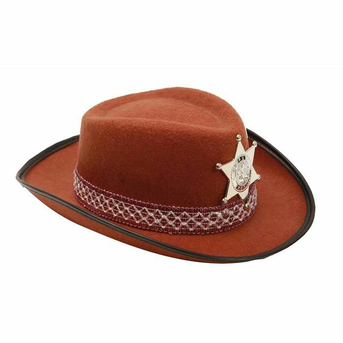 En brun cowboyhatt med ett mönstrat band och en silverfärgad sheriffstjärna framtill, designad för barn, för en klassisk vilda västern-utklädnad.