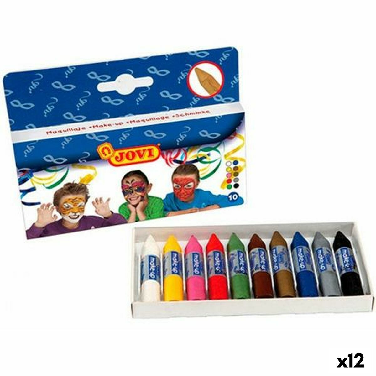 Ett paket med tolv ansiktsfärgstift i krit-liknande format i olika färger, förpackade i en vit låda med ett blått omslag som visar barn med målade ansikten.