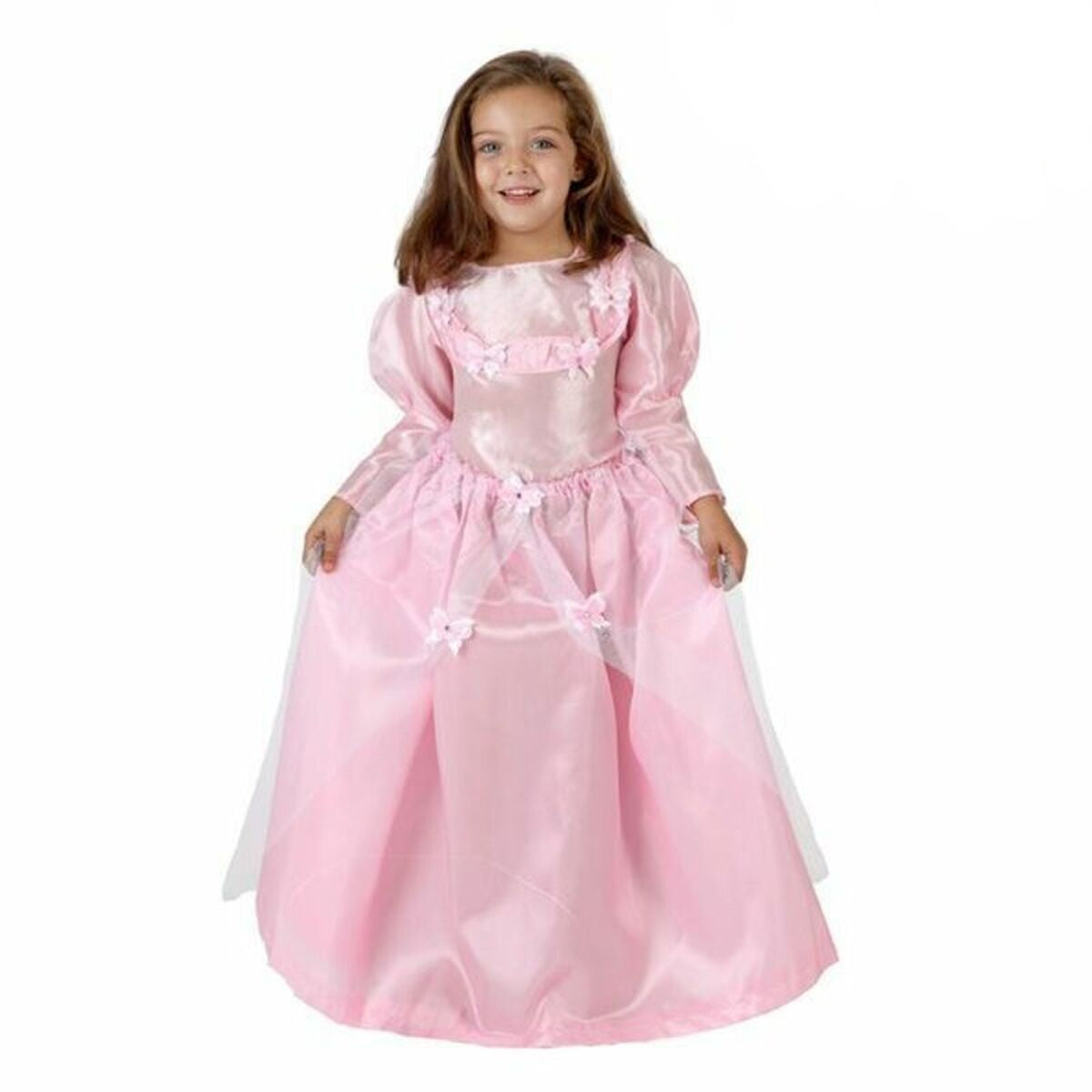 Ett barn ler och visar upp en sagolik rosa prinsessklänning för barn, med puffärmar och lång, glänsande kjol.