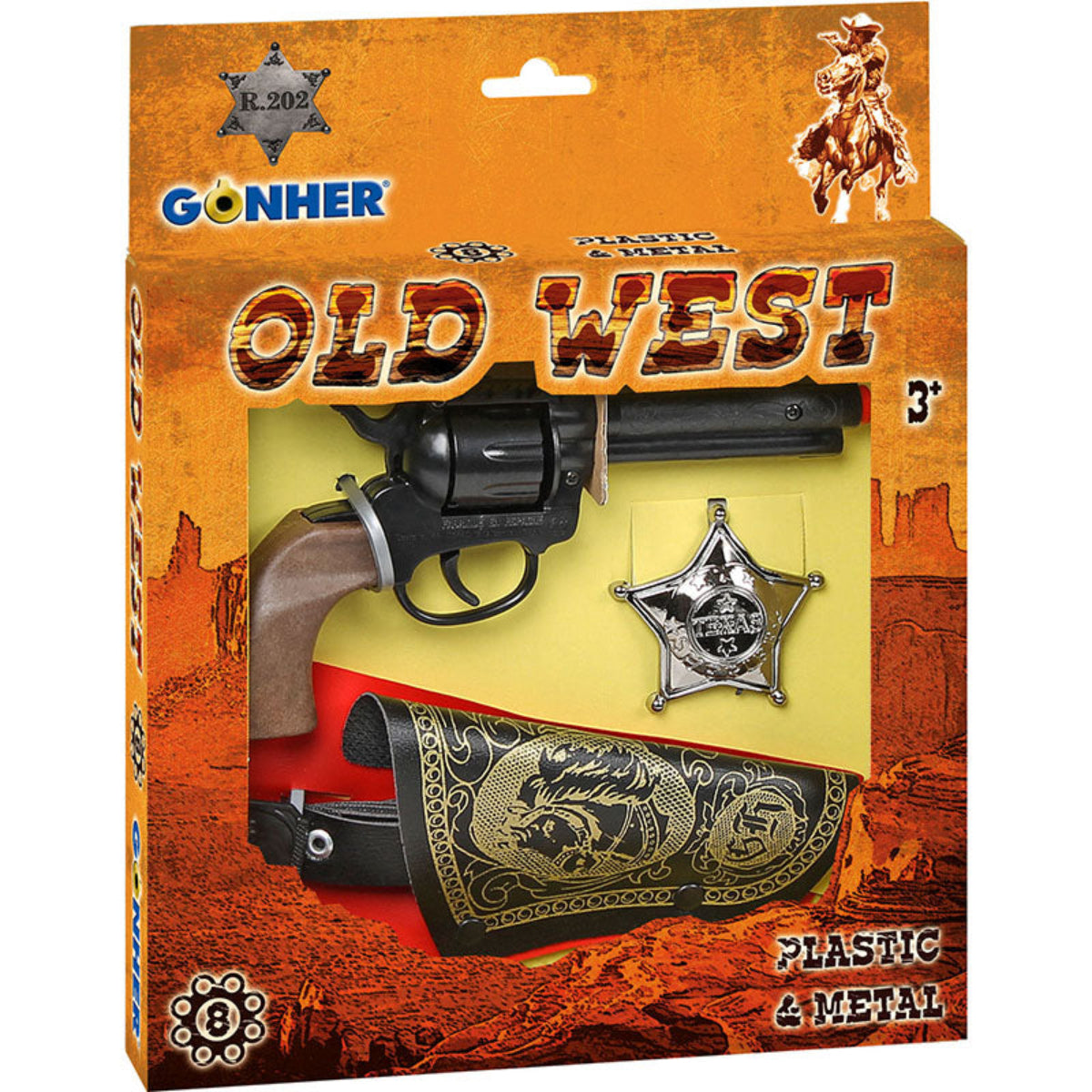Ett vilda västern lekset med svart revolver, svart bälte, svart hölster med guldprägling, och en silverfärgad sheriffstjärna, presenterat i en förpackning av papp.