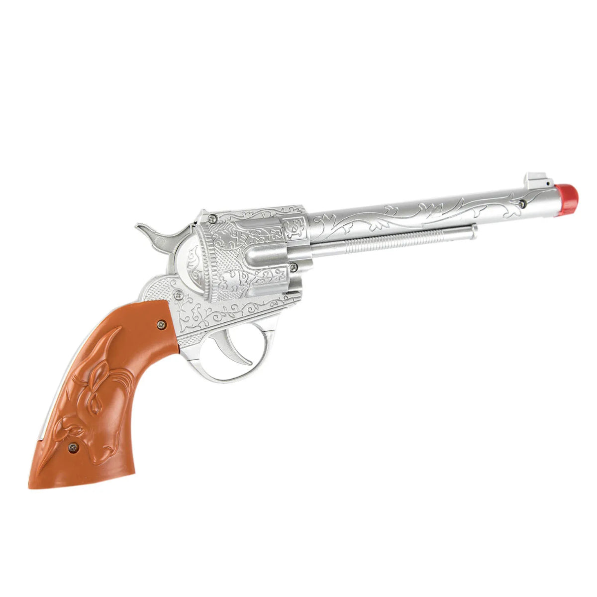 En detaljerad silverfärgad leksaksrevolver i plast med präglade mönster och brunt handtag, för cowboy- eller maskeradkostymer.