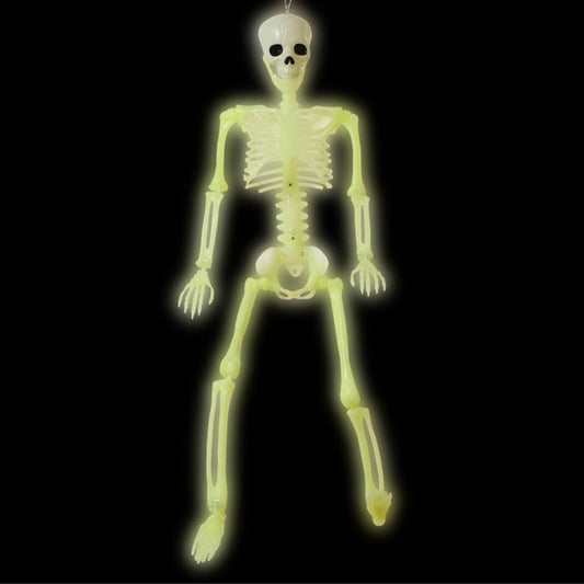 Skelettet i mörker där det avger ett grönt självlysande sken. Perfekt halloween-dekoration med glow in the dark-effekt.