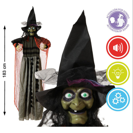 En skräckinjagande, hängande interaktiv häxa som visar dess mått på 183 cm och ikoner för dess ljud- och ljusfunktioner.