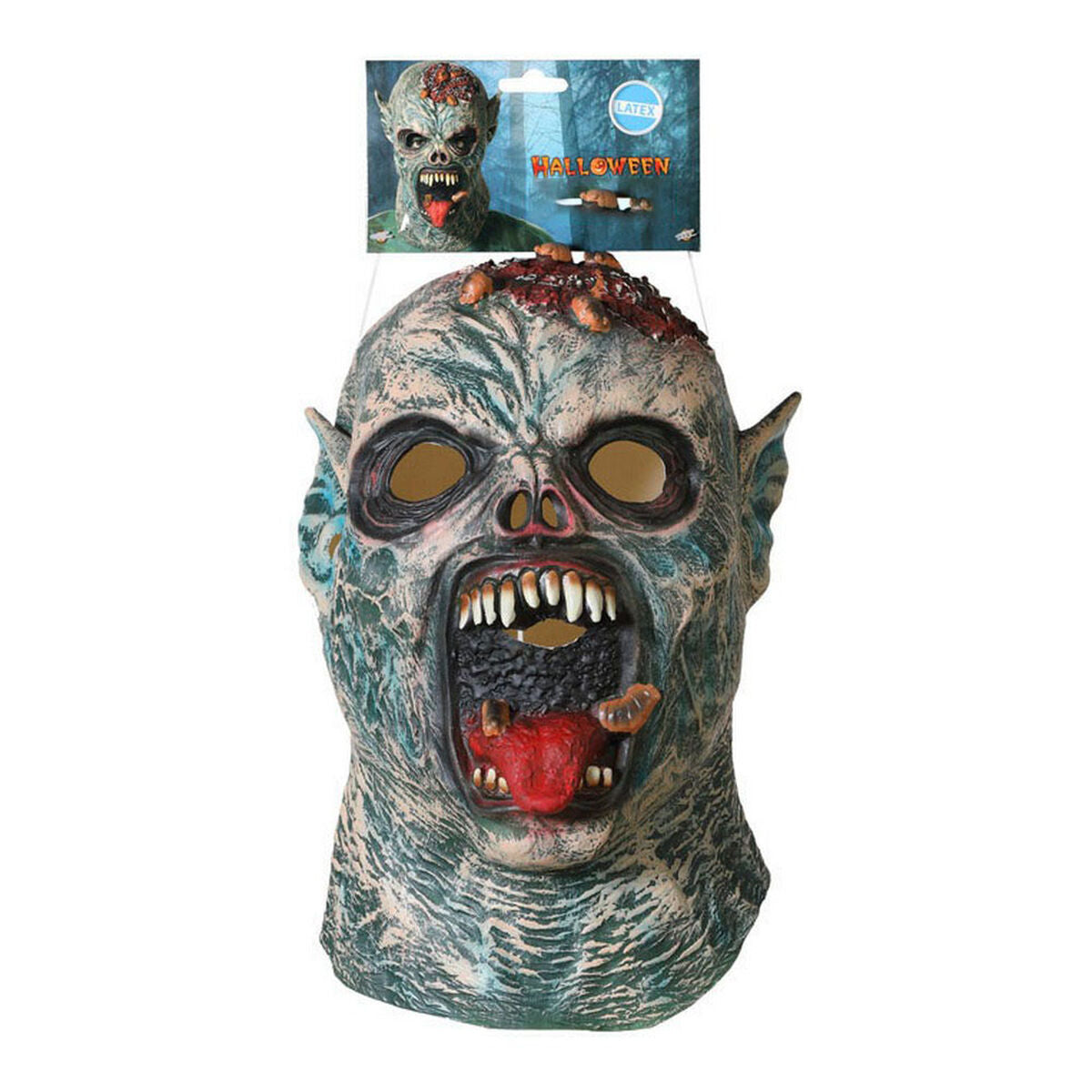 Heltäckande zombiemask i latex med ruttnande grön hud, en blottad blodig hjärna och en vidöppen mun med vassa tänder hänger från förpackning.