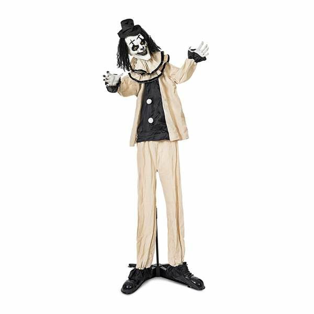 Den 160 cm höga, stående clown-dekorationen med ett elakt grin och en smutsig beige och svart dräkt.