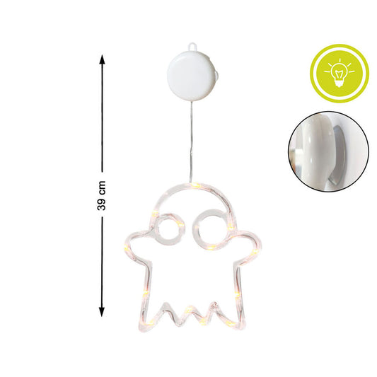 Det lysande LED-spöket visas med sina mått, 39 cm på höjden, och en ikon för dess ljusfunktion.