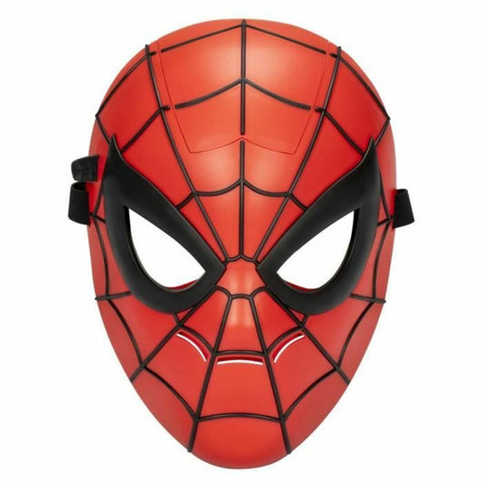 Den röda Spider-Man-masken sedd rakt framifrån utan att ljuset är aktiverat.