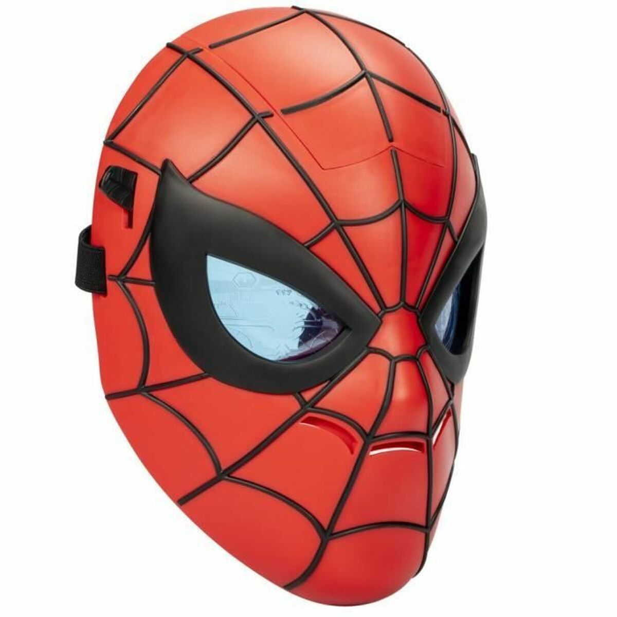 Närbild på den röda Spider-Man-masken snett framifrån, som visar de blåa, lysande linserna i ögonen.