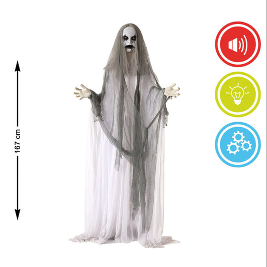 Stående spökvålnad i vitt med grå slöjor och svartsminkat ansikte. Bilden visar att figuren är 167 cm hög och har ljus-, ljud- och rörelsefunktion.