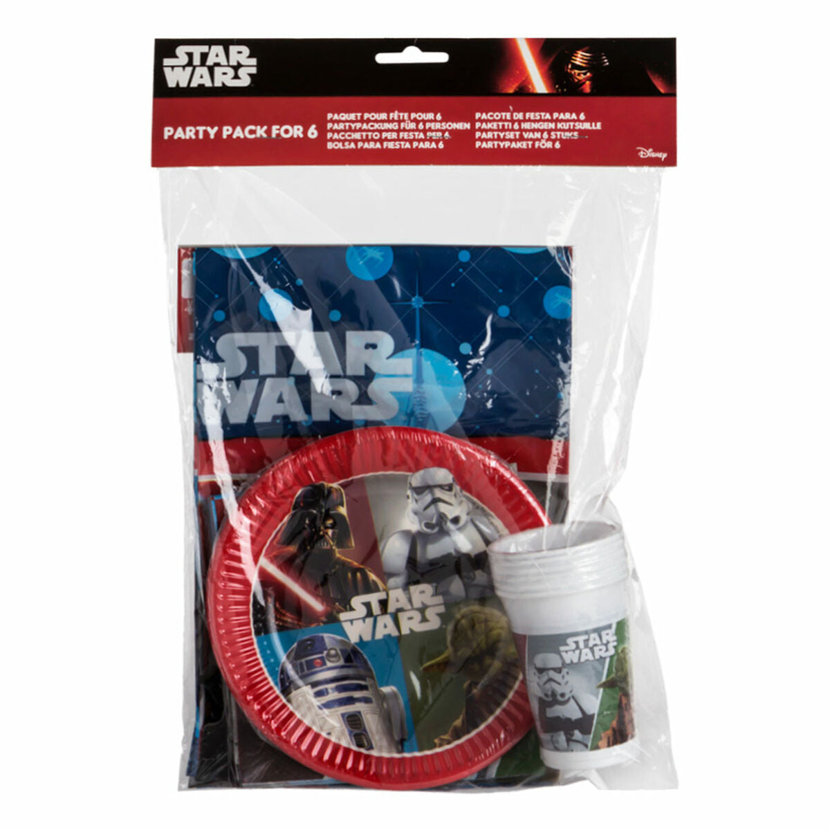 En genomskinlig plastförpackning som innehåller ett Galaktiskt Star Wars Kalaspaket för 6 personer.