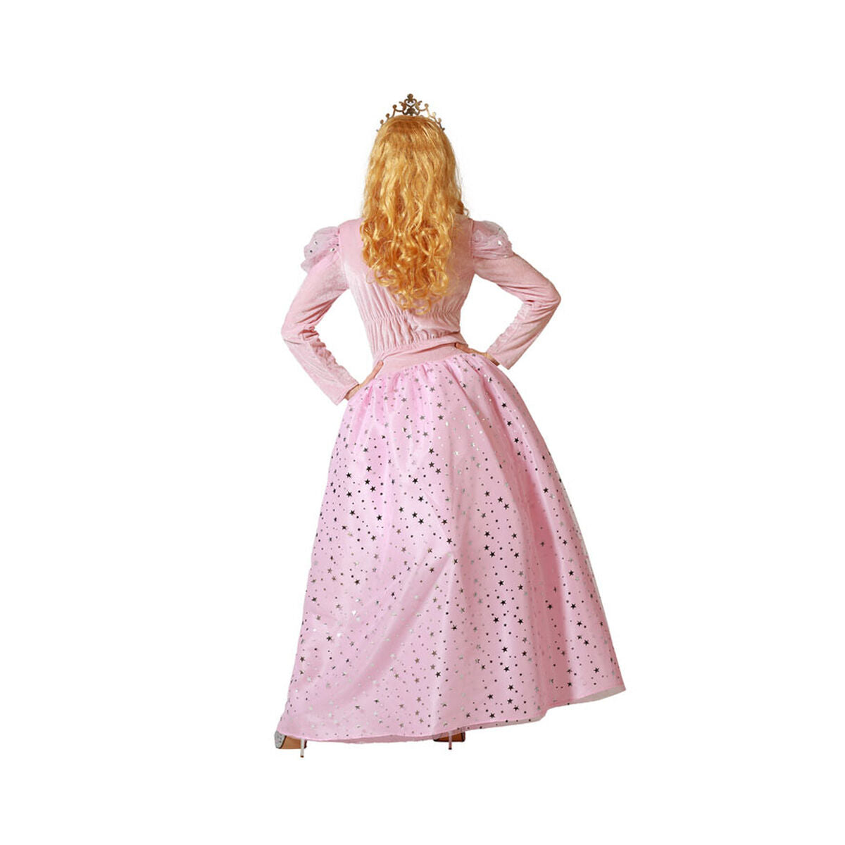 En kvinna sedd bakifrån, som visar baksidan av den rosa prinsessklänningen och den stjärnspäckade kjolen.