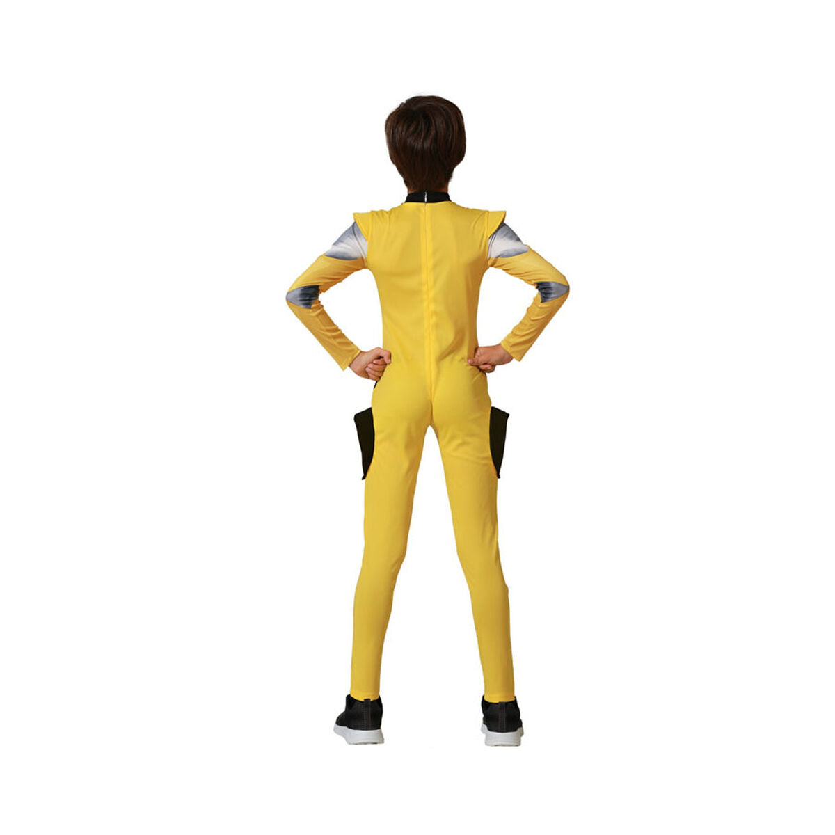 Baksidan av en gul robot-jumpsuit för barn, som visar dragkedjan och dräktens design bakifrån.