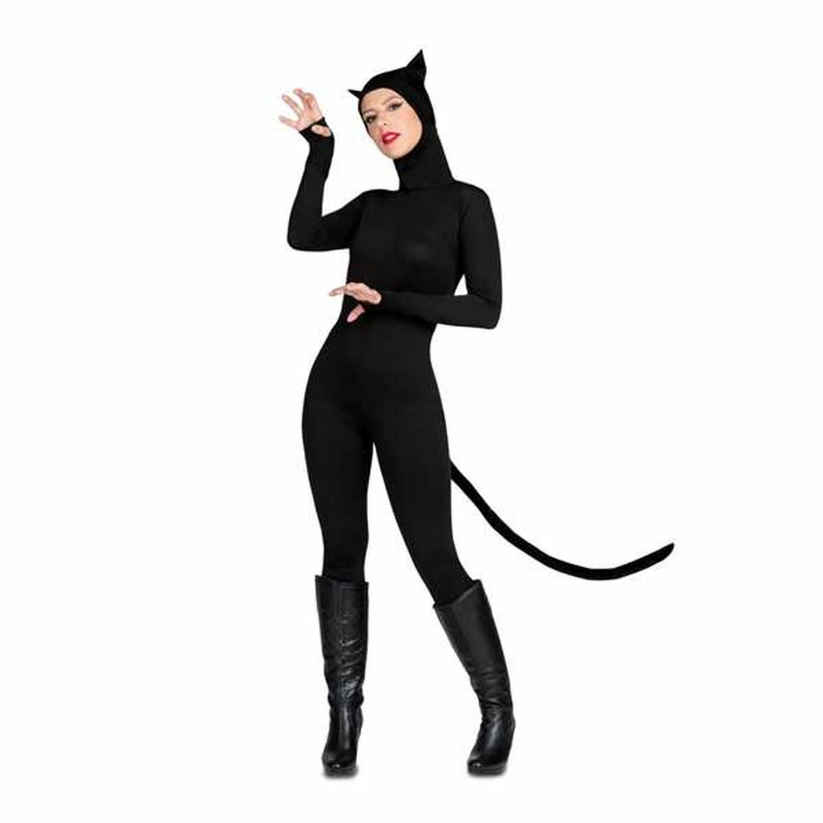 En kvinna poserar i en Svart Catsuit med en huva med kattöron och en lång svans.