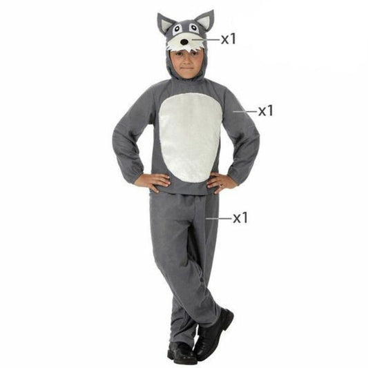 Barn i grå vargdräkt med huva och vit magpanel.
