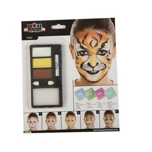 En förpackning med ett smink-set för tigrar, som visar en kvinna med en komplett tiger-ansiktsmålning och en steg-för-steg-guide.