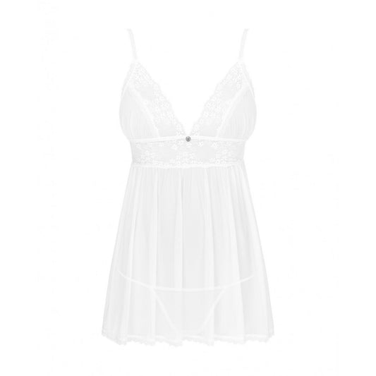 Produktbild på vit babydoll sedd bakifrån som visar den unika korsade banddesignen och den skira kjolen.