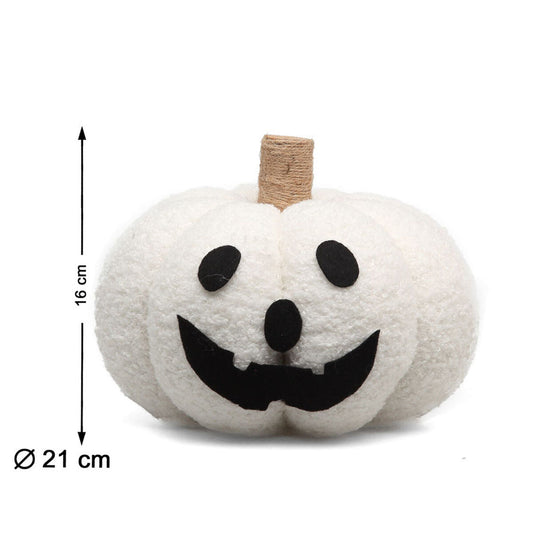 Vit dekorationspumpa med filtansikte, 16 cm hög och 21 cm i diameter. En gosig och lekfull dekoration för halloween.