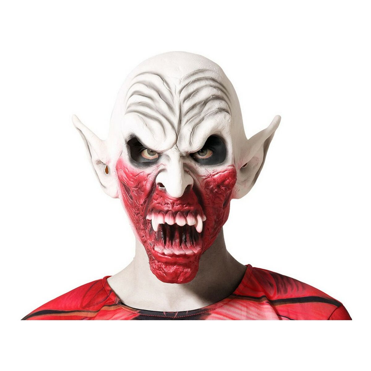 En vit och röd latexmask som föreställer en skräckinjagande vampyr med vassa tänder, blodstänk runt munnen och spetsiga öron.