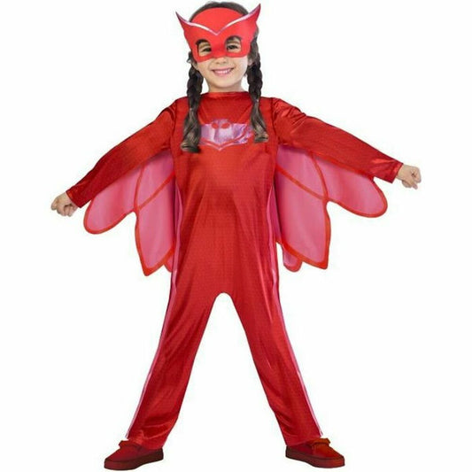 Ett glatt barn i en röd Owlette maskeraddräkt från Pj Masks, komplett med vingar och röd ögonmask.