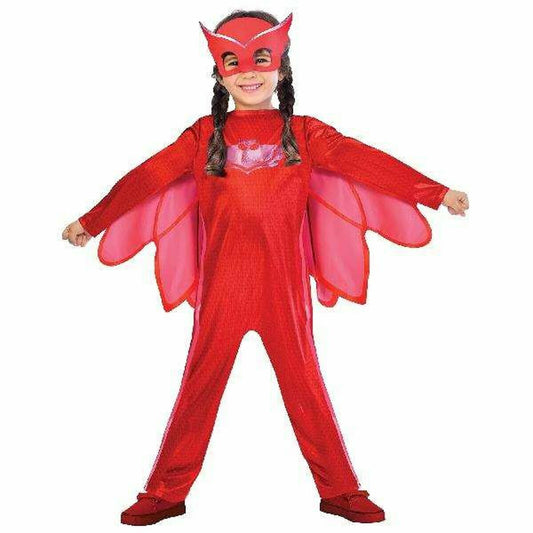 Ett glatt barn klädd i en röd Owlette maskeraddräkt för barn med matchande mask och vingar.