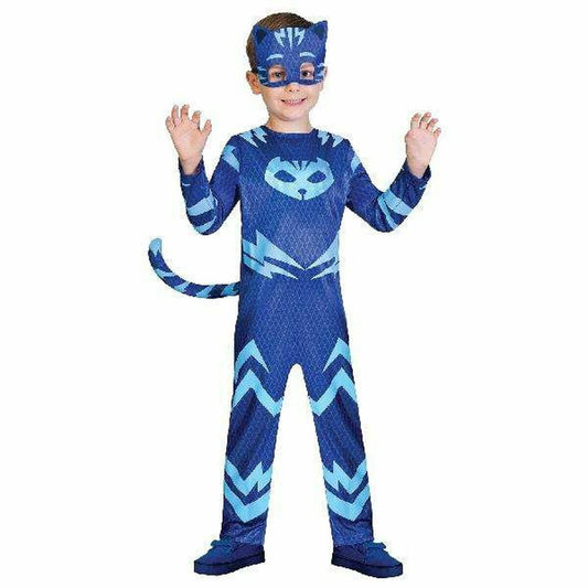 Ett glatt barn poserar iklädd en helkropps Catboy maskeraddräkt i blått, komplett med en matchande mask och en svans.