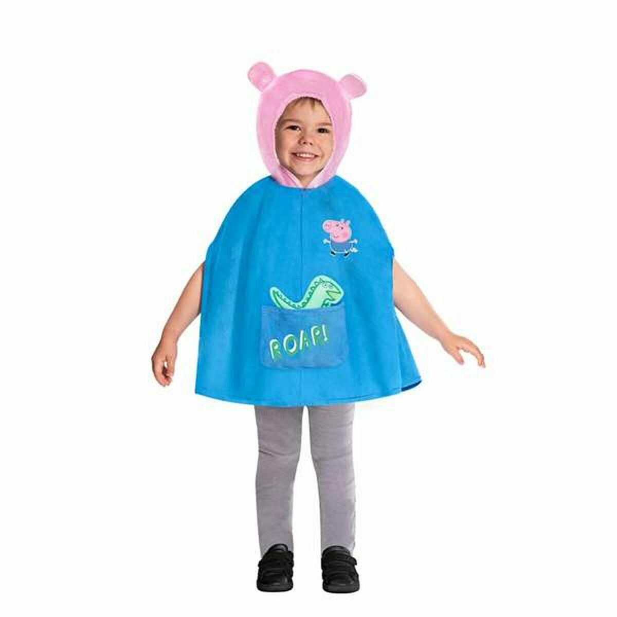 Ett glatt barn som bär en blå maskeraddräkt som föreställer Georges cape från Peppa Pig, med en rosa huva med små öron och en ficka där en grön dinosaurie sticker upp med texten "ROAR!".