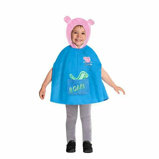 Ett glatt barn som bär en blå maskeraddräkt som föreställer Georges cape från Peppa Pig, med en rosa huva med små öron och en ficka där en grön dinosaurie sticker upp med texten "ROAR!".