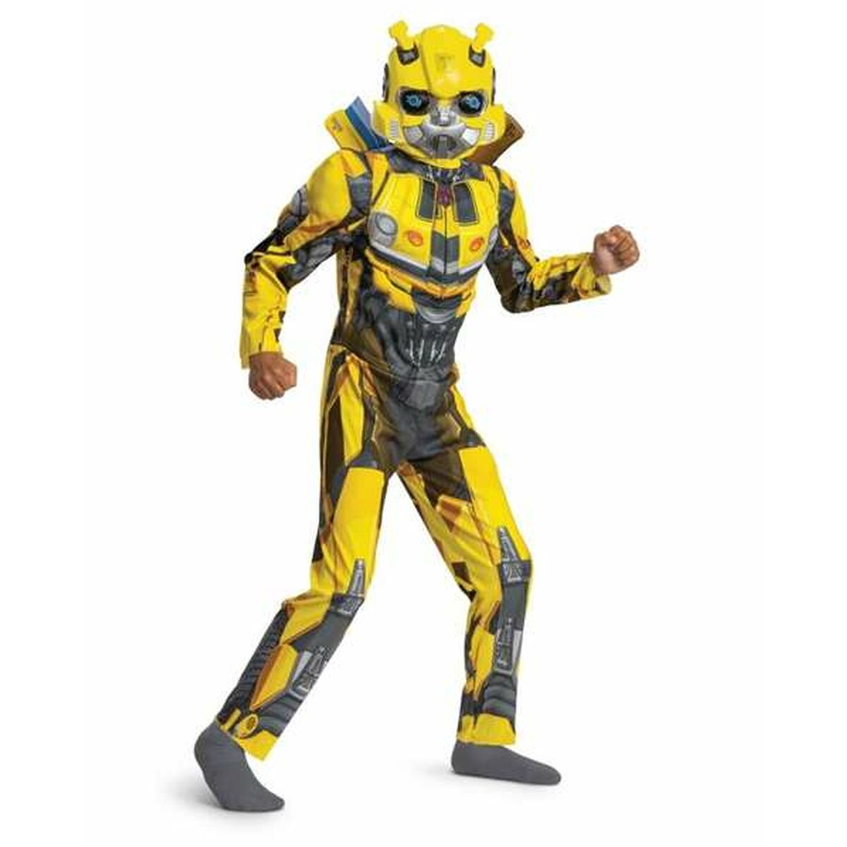 Ett barn poserar i en komplett gul och svart Bumblebee-inspirerad maskeraddräkt inklusive en matchande robotmask.