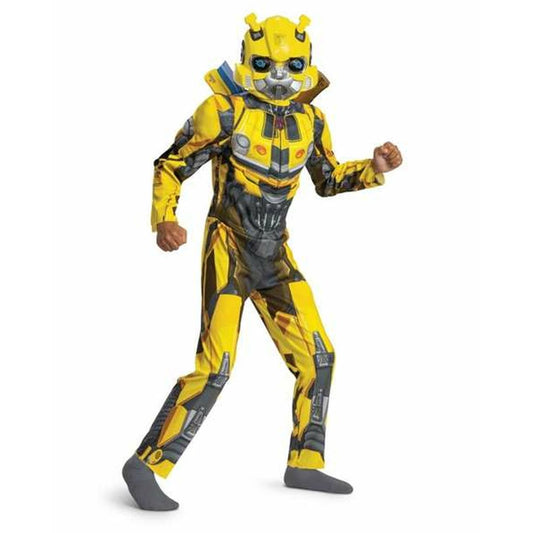 Ett barn poserar i en komplett gul och svart Bumblebee-inspirerad maskeraddräkt inklusive en matchande robotmask.