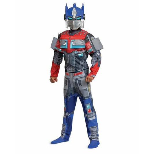 Ett barn poserar i en detaljerad Optimus Prime maskeraddräkt, komplett med blå och röd rustningstryck och en ikonisk blå hjälm med ansiktsmask.