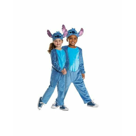 Två glada barn, en flicka och en pojke, poserar i matchande, heltäckande blå Stitch-maskeraddräkter inklusive huvudbonader med stora öron.