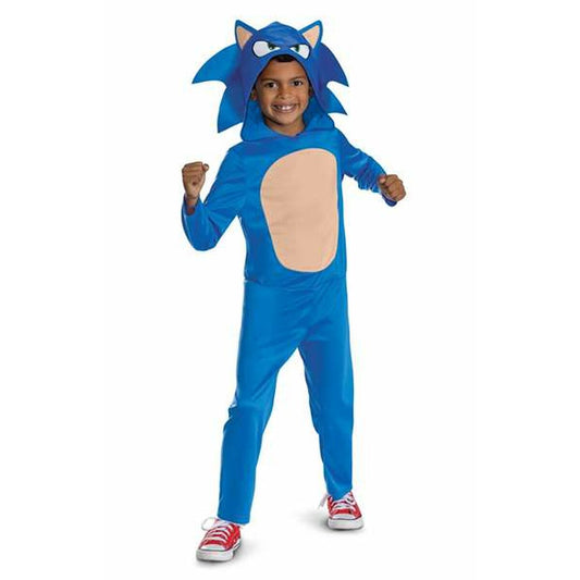 Ett leende barn i en helkropps Sonic the Hedgehog maskeraddräkt i blått med matchande huva och ljus mage.
