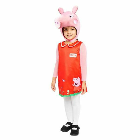 Ett barn ler glatt iklädd en tvådelad Peppa Pig maskeraddräkt som består av en röd klänning och en stor, mjuk rosa Peppa Pig-hatt.