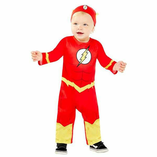 Ett litet barn iklädd en röd och gul Flash-maskeraddräkt med matchande mössa.