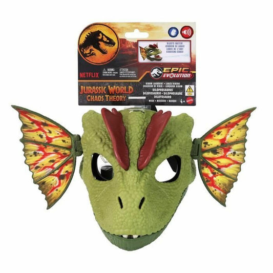 En grön Dilophosaurus maskeraddräkt för barn med utspända, gul-röda nackkragar och små huggtänder, förpackad med Jurassic World Chaos Theory-logotypen.